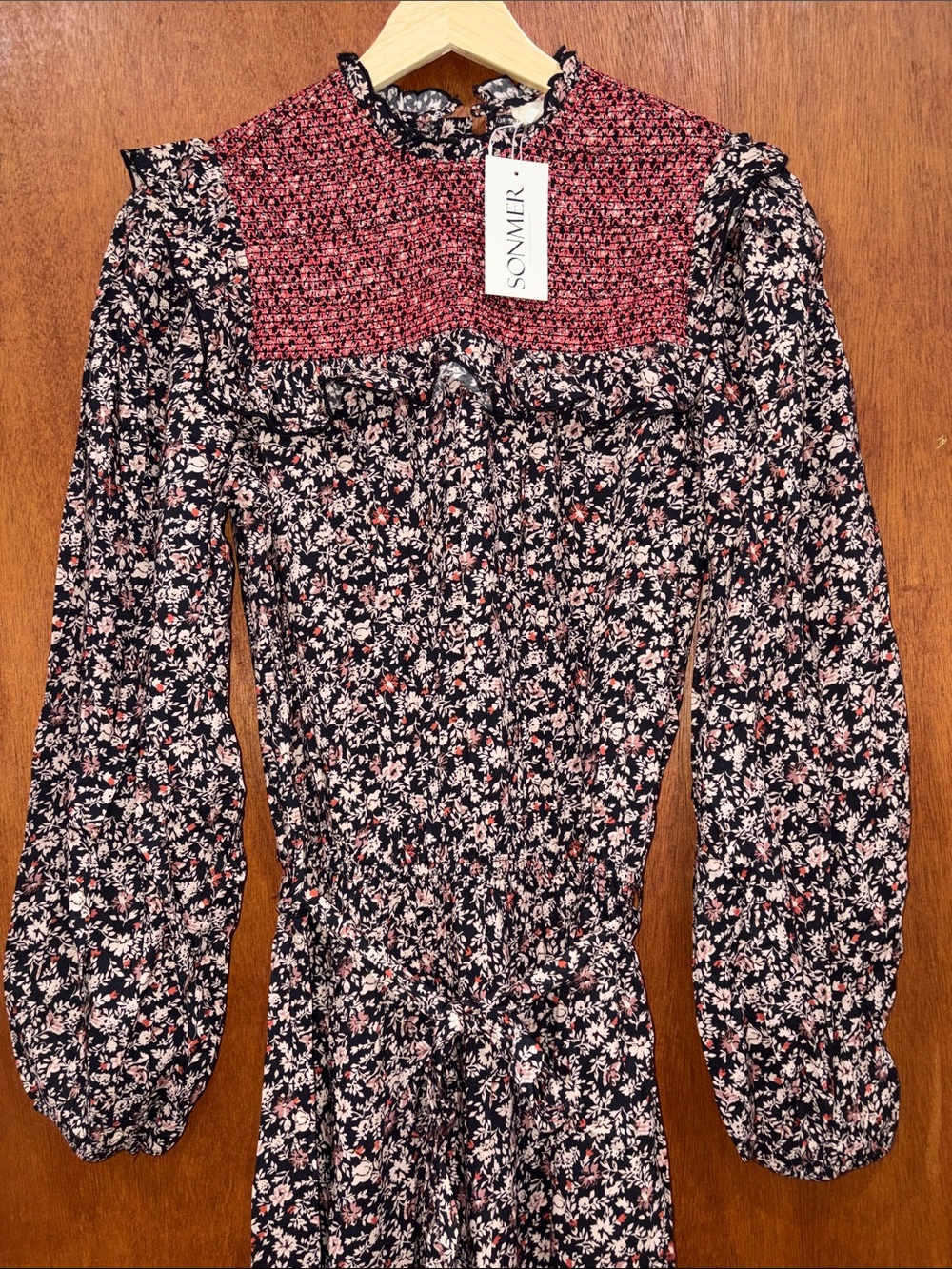 Sonmer Floral Smocked Long-Sleeve Dress in Black and Red